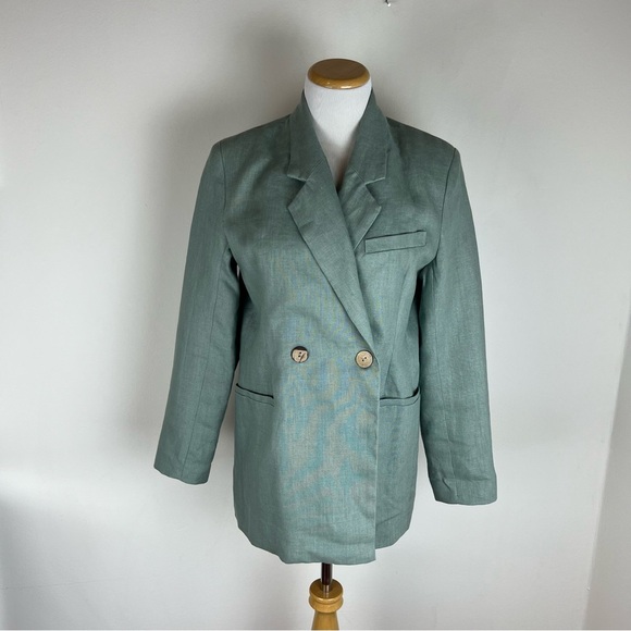 Dal The Label Seafoam Pale Green Natural Linen Double Breasted Blazer Jacket - Picture 5 of 8